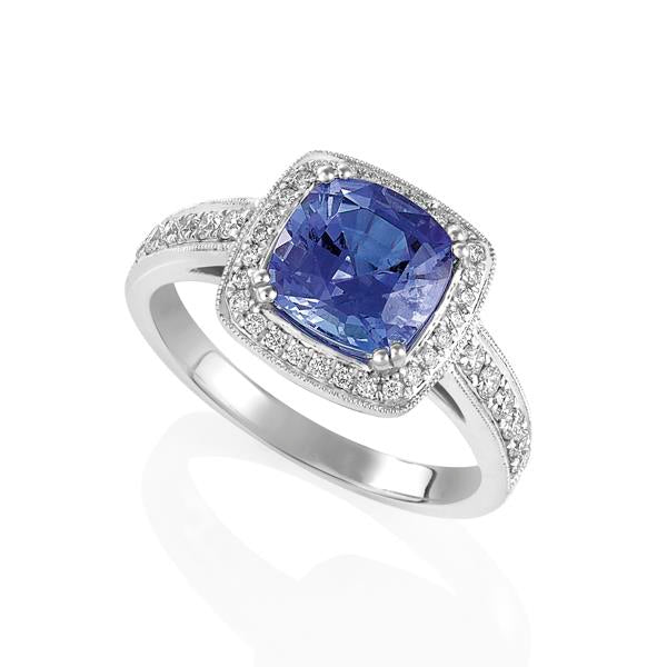 18ct White Gold Cushion Tanzanite and Round Brilliant-cut Diamond Ring