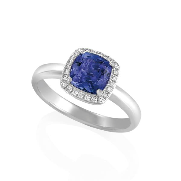 18ct White Gold Cushion Tanzanite and Round Brilliant-cut Diamond Ring