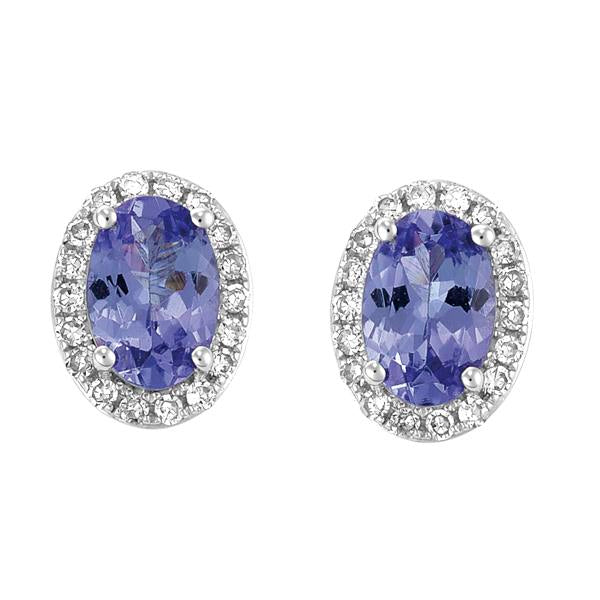 9ct White Gold Oval Tanzanite and Round Brilliant-cut Diamond Earrings