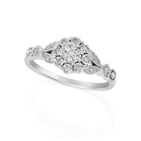 9ct White Gold Round Brilliant-cut Diamond Flower Cluster Ring with Milgrain