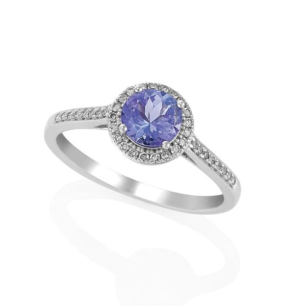 9ct White Gold Round Tanzanite and Round Brilliant-cut Diamond Ring