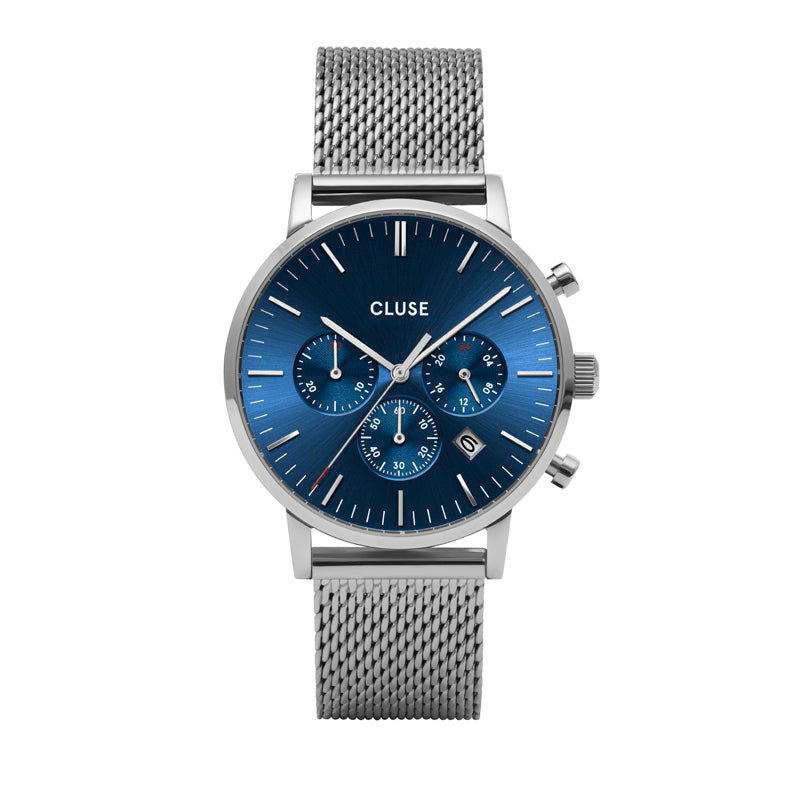 CLUSE- Aravis Chrono Mesh Silver, Dark Blue Face/ Silver