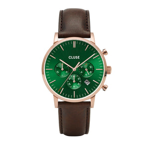 CLUSE Mens Aravis Chronograph Rose Gold Green/Dark Brown Leather Watch